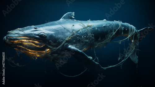 An image of a whale entangled in discarded fishing nets, symbolizing the dangers of overfishing.