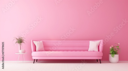 Pink interior with pink sofa and pink wall.