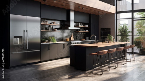 a modern kitchen with black cabinets and stainless-steel appliances and a large island counter