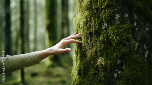 Girl hand touches a tree with moss in the wild forest. Forest ecology. Wild nature, wild life. Earth Day. Traveler girl in a beautiful green forest. Conservation, ecology, environment. Generated AI