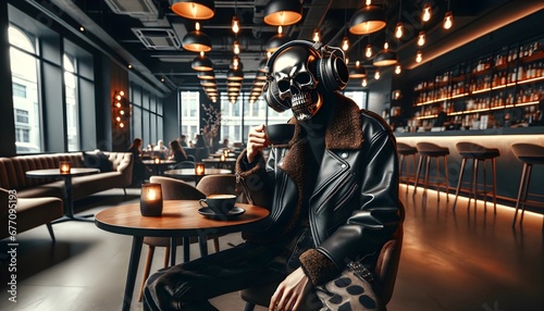 A man wearing a skull mask and headphones, while enjoying a cup of coffee at a café.