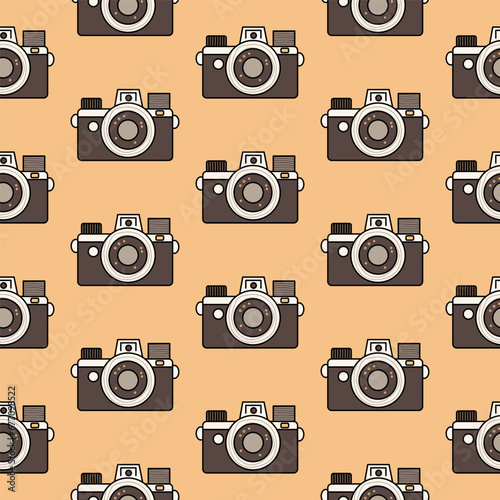 Cute seamless pattern vintage camera in retro colors, isolated on a beige background. Background, backdrop, wrapping paper.