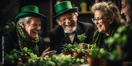 Group of senior friends celebrating St. Patrick Day with beer mug at an Irish pub.