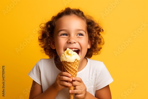 Generative AI : Cute child girl eating ice cream.
