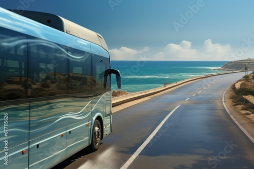 Tourist bus rides. bus running along highways the background of sea coastline.