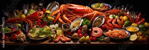 Oceanic delicacies on ice fresh fish, shellfish, crabs, octopuses, mussels, oysters, shrimps