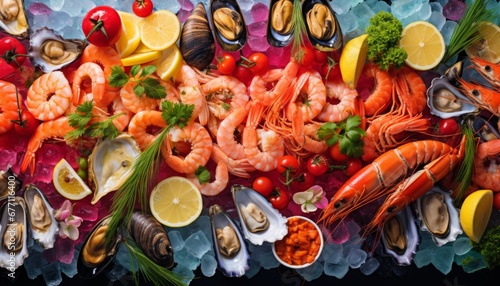 Aerial view of seafood on ice fish, shellfish, crabs, octopuses, mussels, oysters, and shrimps.