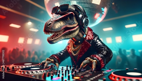 Anthropomorphic dinosaur as dj in the nightclub