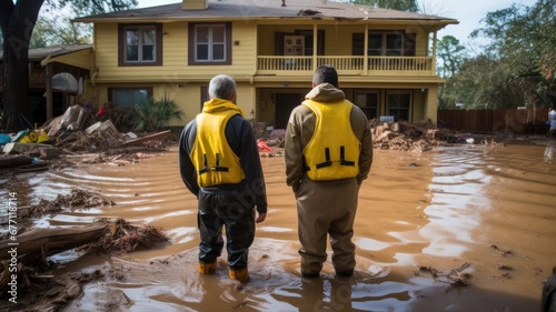 Two individuals in life vests observe a flooded house, standing in deep water