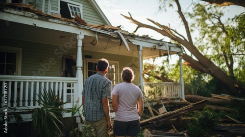 Couple stands by their damaged home with a fallen tree on the roof