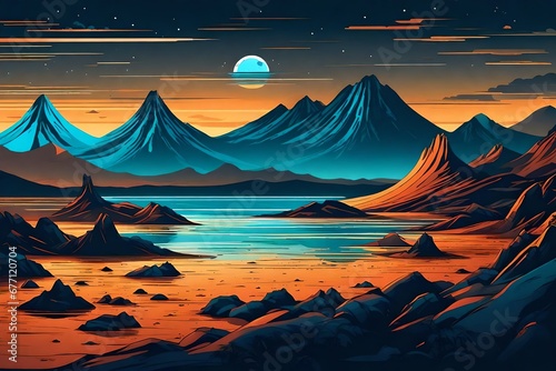 Sea or ocean desert, uninhabited island shore night landscape with active, ready for eruption volcano, mountain top fiery glowing in darkness cartoon vector illustration. Tectonic or volcanic activity