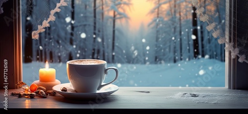 Winter warm embrace. Cozy morning tea by window. Snowy sip. Hot beverage delight in frosty landscape. Holiday serenity. Christmas cocoa with view. Woodland escape. Enjoying warmth in snow