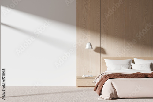 White and wooden bedroom interior with blank wall