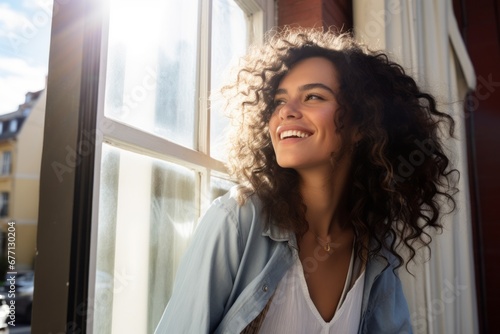 Mujer joven en calma y sonriente, estabilidad emocional y salud mental. Entusiasta. 