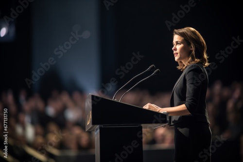 Mujer líder dando una conferencia a un público atento. Empoderamiento. 