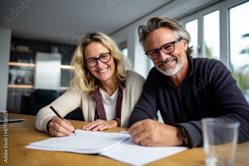 a relieved couple in their prime years, focused on signing insurance forms, in a warm and inviting home office setting, with documents neatly laid out.