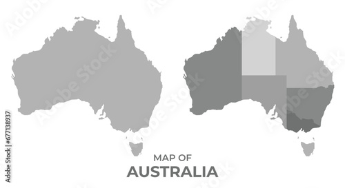 Greyscale vector map of Australia with regions and simple flat illustration