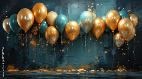 Golden and blue balloons with golden bluish painted background