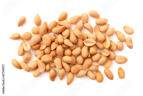 Roasted and salted peanuts pile isolated on white background, top view