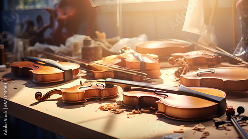  The Craft of Guitar Making in a Wood-Enriched Workshop ,luthier crafting a guitar in a wood-filled workshop generative ai 