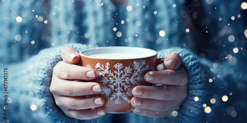 A girl in a blue knitted sweater drinks hot chocolate or cocoa, hot, sweet drinks, Generative AI