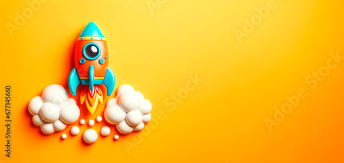 Colorful toy rocket launching with clouds on orange background. Generative AI
