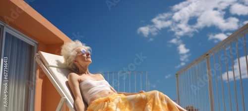 senior retired woman in summer outfit sunbathing lying on sun bed on the balcony of hotel on sunny day with blue sky
