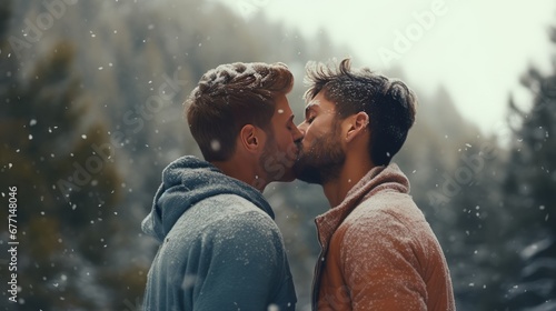 Gay love, non-traditional values and freedom of speech. Two young attractive guys hug and kiss in winter forest during a snowfall. Generative AI.