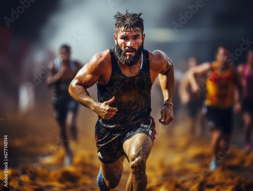Muddy obstacle race runner in action Generative AI