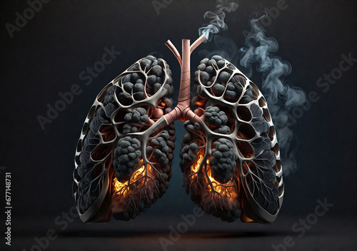 Human lungs with fire and smoke on black background. 3d illustration. medical concept