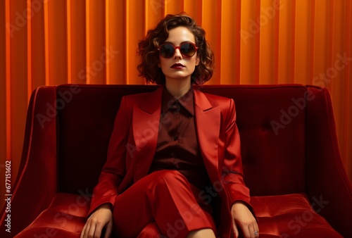 woman with sunglasses sitting on red sofa, light maroon and dark amber, rationalist chic, deconstructed tailoring