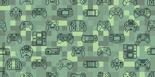 Video game controller background Gadgets and devices seamless pattern vector Pixel Art style