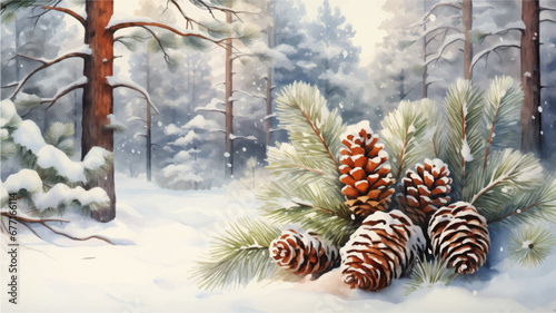 Winter landscape with fir trees and pine cones in the snow. Christmas background. Generated AI.