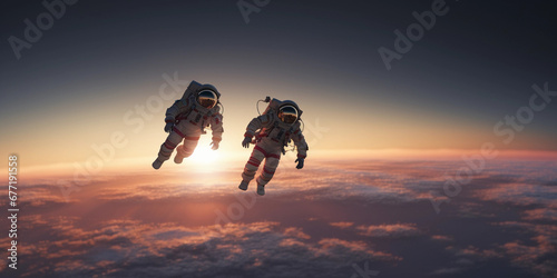 two astronauts, floating in space, tethered to a spacecraft, Earth in the far background