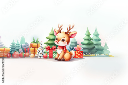 Rudolph, le petit renne au nez rouge, assis devant des paquets cadeaux de noël emballés et disposés aux pieds de sapins. Rudolph porte une écharpe pour ne pas avoir froid - Espace texte