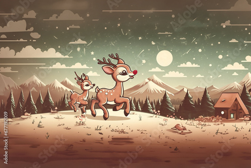 Portrait de Rudolph le petit renne au nez rouge (Rudy) du traineau du Père Noël à la montagne dans la neige avec d'autres rennes devant une forêt enneigée - Noël, célébrations de fin d'année