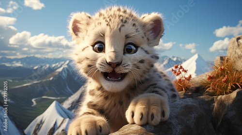 Leopardo das neves filhote fofo e feliz sorrindo nas montanhas geladas - Ilustração infantil