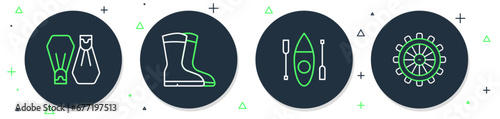 Set line Fishing boots, Kayak or canoe, Rubber flippers for swimming and Ship steering wheel icon. Vector