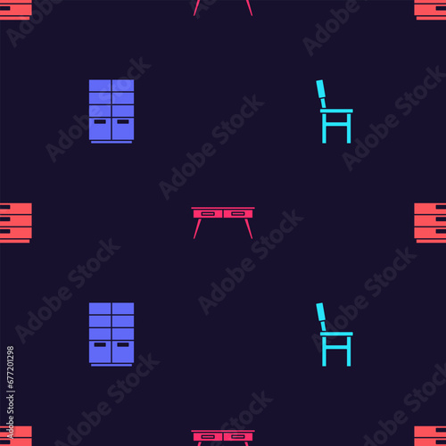 Set Chair, Wardrobe, Office desk and Chest of drawers on seamless pattern. Vector
