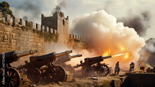 Several cannons in a row firing cannon salutes from a stone wall at a castle with smoke coming out of the front end of the cannons created with Generative AI