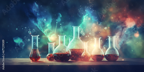 Science background illustration, scientific design. Flasks, glass and chemistry, physics elements. Generative AI 