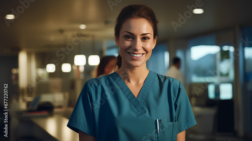 Close-up of a nurse, smiling, young and attractive woman, hospital, clinic. Generative IA
