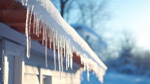 icicles on house roof in cold winter 
