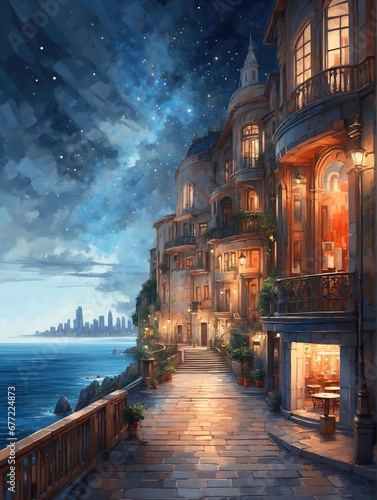 night oil painting of the old town on the sea with starry sky and lights on in the houses and shops. the skyscrapers of the new city are in the distance in the background