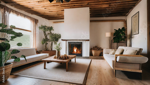 Warm Retreat, Inviting Scandinavian living room—earthy tones, wooden details, and a fireplace.