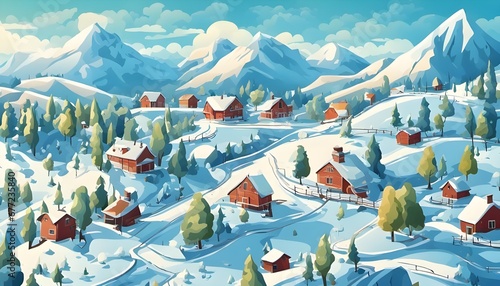 winter landscape with trees and mountains, Idyll country life. hills, blue sky, vector illustration 