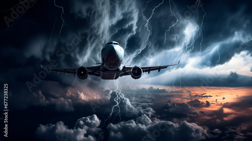 Jet airliner maneuvering through lightning in stormy night skies.