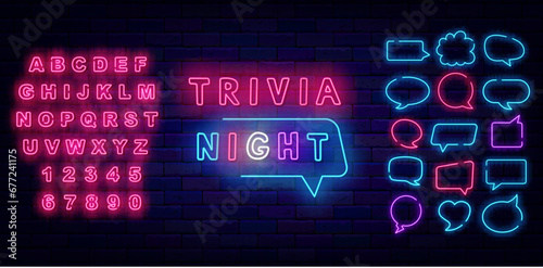Trivia night neon emblem. Colorful handwritten text. Quiz time. Speech bubbles frames set. Vector stock illustration