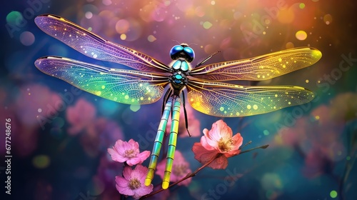  a dragonfly sitting on top of a pink flower next to a blue and yellow dragon flying over a pink flower. generative ai