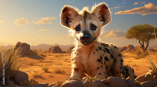 Filhote de hiena fofa na planice - Ilustração infantil 